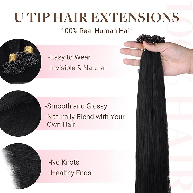 GOO GOO U Tip Hair Extensions Real Human Hair, Double Volume 100g 100S, 24 Inch Hot Fusion U Tip Extensions, Invisible Remy Hair, Jet Black