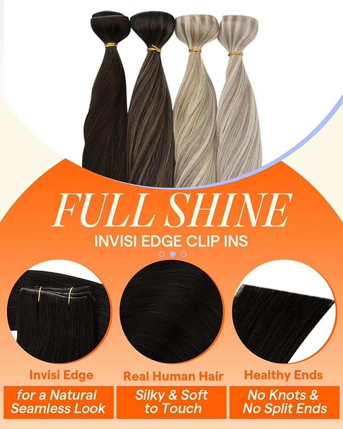 Full Shine Injected Seamless PU Clip in Hair Extensions Real Human Hair Natural Black 18 Inch Invisi Edge Hair Extension Seamless Clip ins for Women 120 G 6 PCS