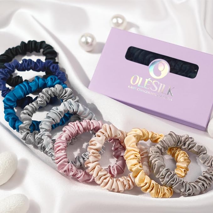 OLESILK Silk Hair Ties for Women: 100% Mulberry Skinny Silk Scrunchies, Soft Smooth No Damage No Crease for Thin Fine Curly Hair 5 Pack, Light
