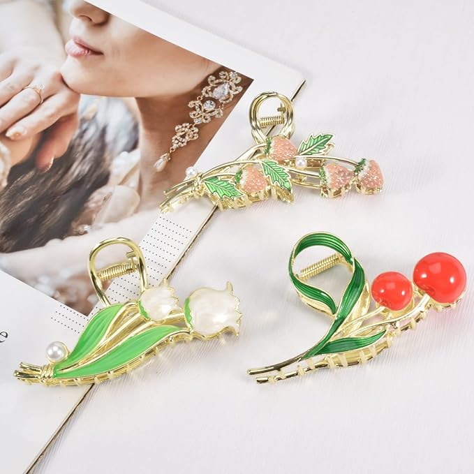 3-Piece Floral Metal Hair Accessories: Strawberry Cherry Tulip Barrettes, Elegant Strong Hold Non-Slip Clamps for Thin/Medium Thick Hair