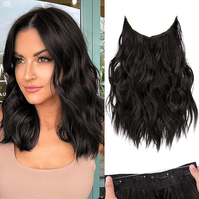 KooKaStyle Invisible Wire Hair Extensions with Transparent Headband Adjustable Size 4 Secure Clips Long Wavy Synthetic Hairpiece Rich Dark Brown with Warm Tones/6# for Women(12 Inch)