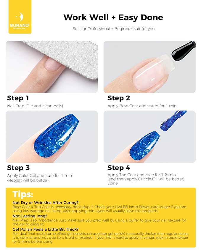 BURANO Glitter Nail Polish, LED UV Shimmer Holographic Effect Soak Off Gel, No Chip Sparkle Polish for Home DIY Nail Salon (Blue LP7)