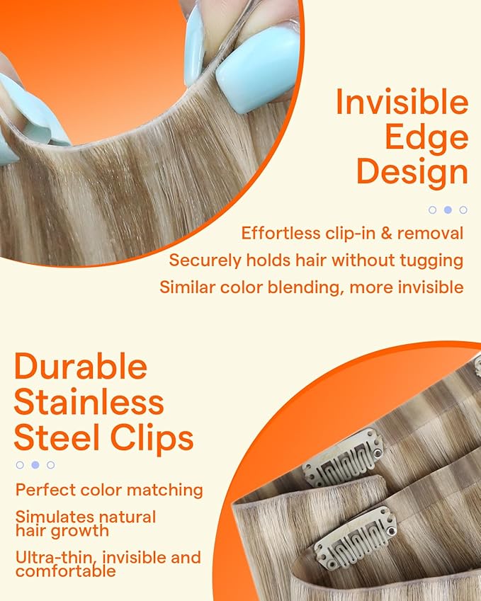 Full Shine Invisi Edge Clip in Hair Extensions Balayage Highlights Blonde Mix Light Blonde Injected Seamless PU Clip in Hair Extensions for Women 6 PCS 120 G 22 Inch