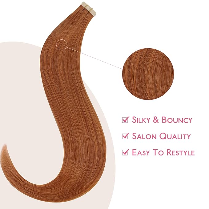 WENNALIFE Tape in Hair Extensions Human Hair Dirty Ginger 10pcs 30g 24 inch Remy Invisible Tape Ins Straight Colored Soft Real Human Hair Tape in Extensions Refill Set Extensions