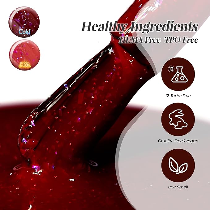 YTD Likomey Color Changing Gel Nail Polish 2 Pcs Set,15ml Red to Burgundy Red Pure Color and Brocade Glitter Kit,Thermal Ombre Change Colors Salon Manicure Fall Winter UV Nail Varnish,WB2-2