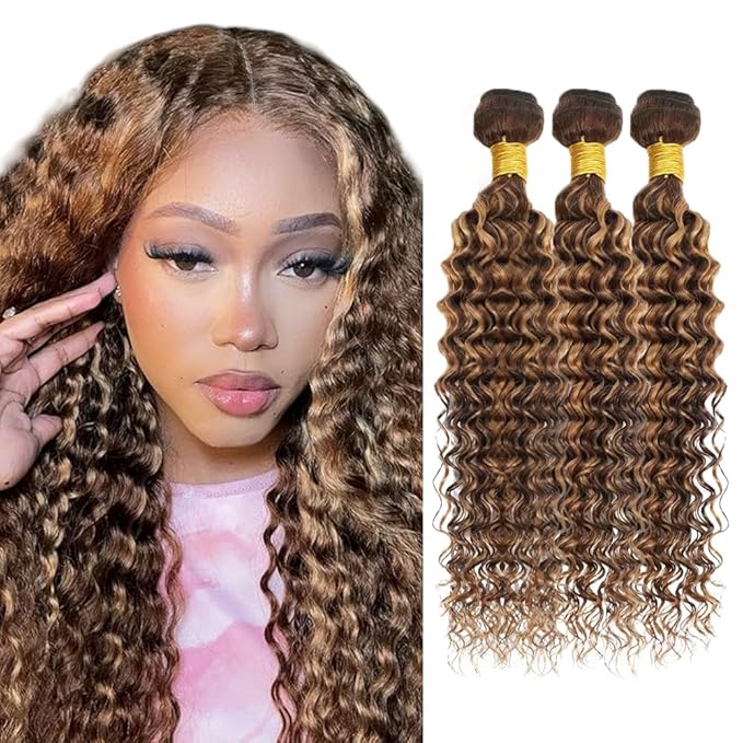 24 26 28 inch WuvuSnm P427 Human Hair Bundles Highlight Deep Wave Bundles Dark Brown Human Hair Bundle 150g