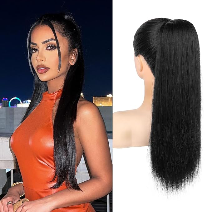 SEIKEA Ponytail Extensions Drawstring Long Straight Fake Pony Tail Natural Soft Clip in Hair Extension Synthetic Heat Resistant Hairpiece 20 Inch Black