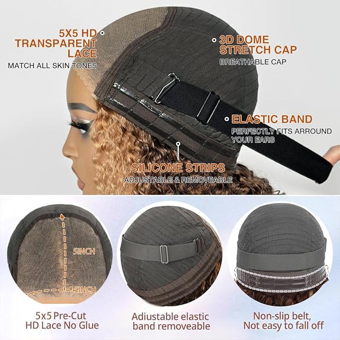 Wear And Go Glueless Wigs Human Hair Pre Plucked Pre Cut 4/27 Highlight Curly Bob Lace Closure Wigs 5x5 HD Lace Closure Wigs Human Hair For Black Women 180% Density Water Wave Lace Front Wig 14 Inch
