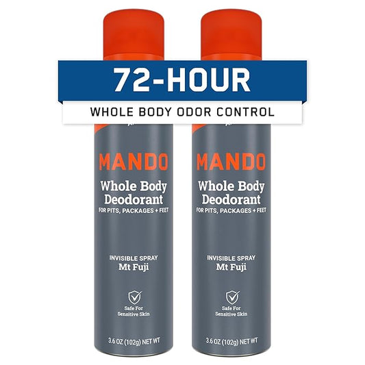 Mando Whole Body Deodorant For Men - Invisible Spray Deodorant - 72 Hour Odor Control - Low Irritation Formula - Aluminum Free, Benzene Free - 3.6 ounce Cans (Pack of 2) - Mt Fuji