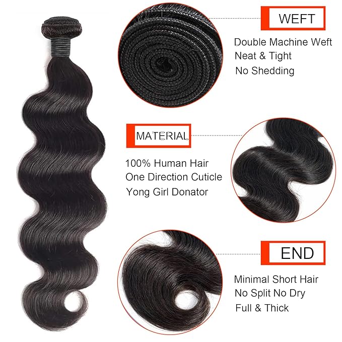 12A Human Hair Bundles with Closure 18 20 22+16 Inch Body Wave Bundles Human Hair Unprocessed Brazilian Virgin Hair Bundles with 4x4 Lace Closure for Women Natural Color