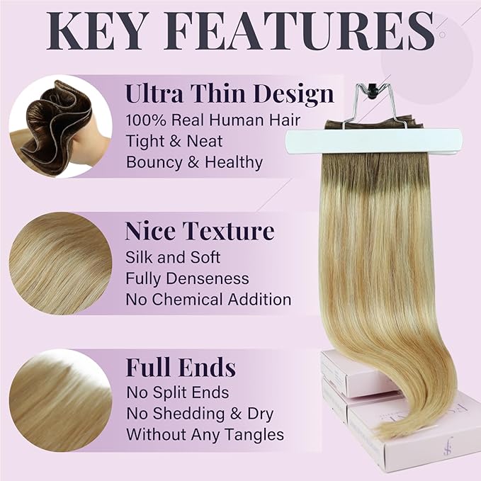 Fshine Genius Weft Hair Extensions Human Hair, Color Chestnut Brown to Honey Blonde Mix Platinum Blonde, Real Human Sew in Thin Weft 60 g 20 Inch, Smooth and Full Texture for Women and Ladies