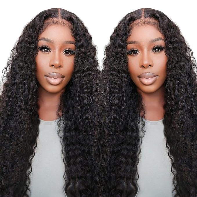 LICHANG Deep Wave 4x4 Transparent Lace Front Wigs Human Hair for Black Women Pre Plucked 180% Density Nature Color 26 Inch
