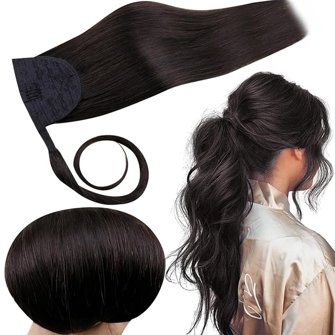 RUNATURE Human Hair Ponytail Extension, Off Black Ponytail Hair Extensions Real Human Hair, Soft Straight Hair for Women, Natural Ponytail Hairpiece, Add Length 12 Inch 70g #1B Off Black