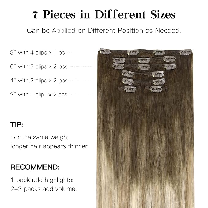 HOTBANANA Human Hair Clip in Hair Extensions, Ombre Walnut Brown to Ash Brown and Bleach Blonde 120g Clip in Hair Extensions Real Human Hair Straight Remy Hair Clip Ins 16 Inch 7pcs