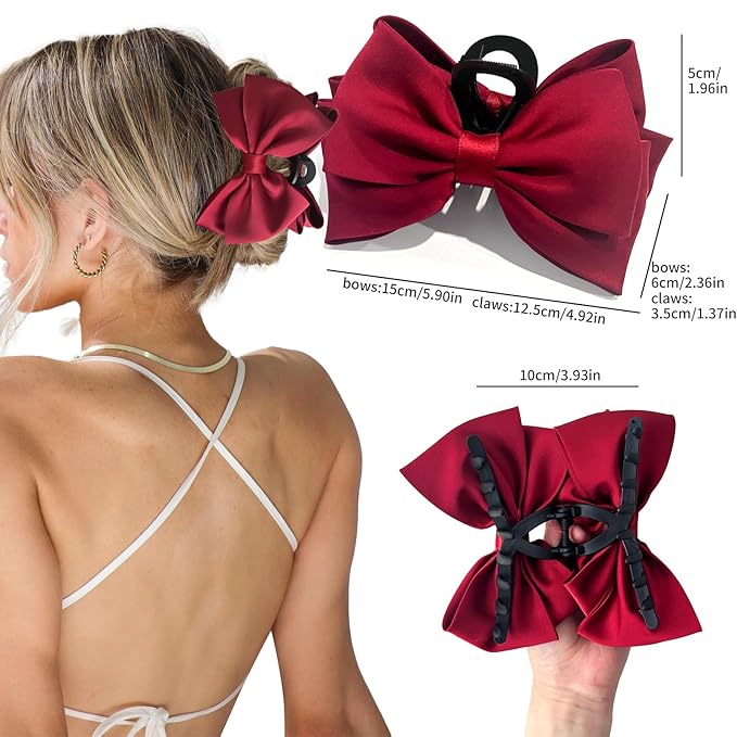 Bow Claw Clip,StrongHold Cute Bow Hair Claw Clips for Women Girls,Nonslip Silky Big Hair Bows Ribbons for Hair Claws,Large Claw Clips for Thick/Thin Hair Styling Accessories Gifts (red,pink)