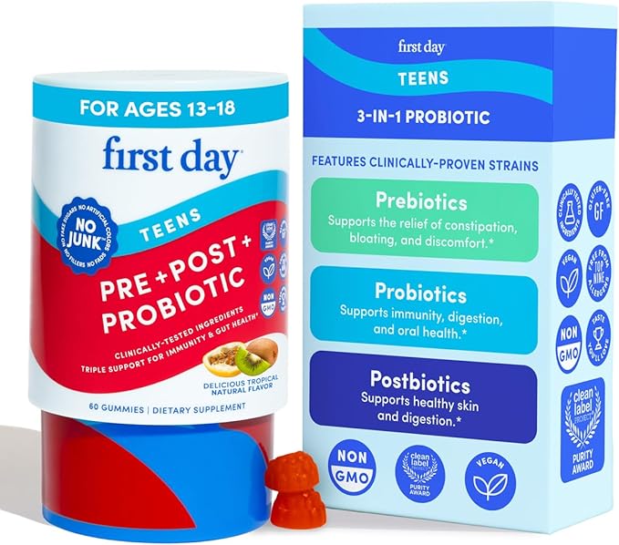 FIRST DAY Vitamins for Teens 3-in-1 Probiotic Gummies - Prebiotic + Probiotic + Postbiotic for Teens Girls & Boys 12-17 – Skin Health, Digestive & Oral Health, Immunity, Energy – 30-Day Supply
