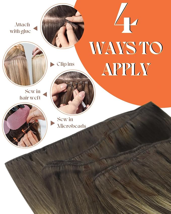 Sunny Hair Weft Hair Extensions Human Hair Ombre Sew in Human Hair Extensions Dark Brown Roots to Golden Brown Mix Blonde Balayage Hair Extensions Sew in Weft Straight Hair 70g 14inch