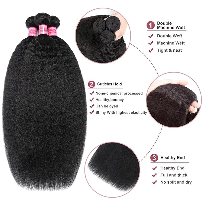 Kinky Straight Human Hair 22 24 26 Inch 3 Bundles 12A 100% Unprocessed Brazilian Yaki Straight Bundle Kinkystraight Human Hair Bundles Hair Extensions Natural Color
