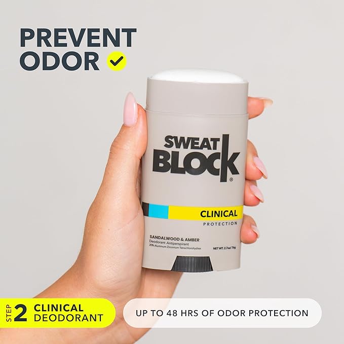 SweatBlock Antiperspirant Deodorant System | MAXIMUM CLINICAL STRENGTH for Men & Women | Hyperhidrosis Aid for up to 7 Days Sweat Control | Roll On 1.2 fl oz + Sandalwood & Amber Deo Stick 2.7oz
