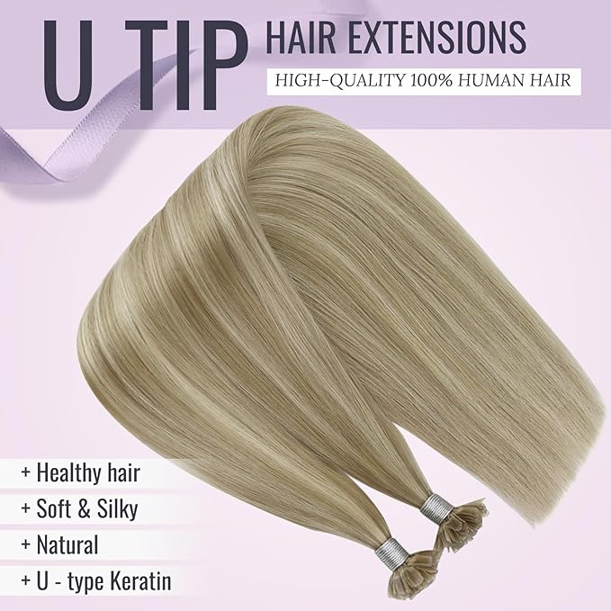 Fshine U Tip Remy Human Hair Extensions Color 16 Highlighted 22 Blonde 16 inch Pre Bonded Keratin Bondings for Extensions Hot Fusion Nail Tip 50g/50s