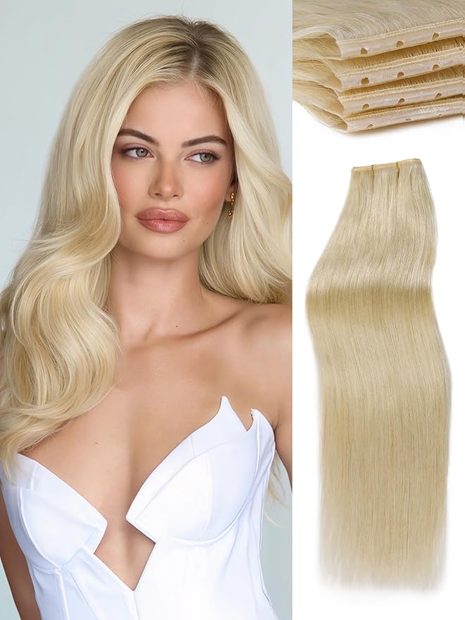 WIGNEE Double Invisible PU OVO Human Hair Extensions 100% Remy Hair Weft Blonde Hair Extensions Human Hair 2 PCS 14 Inch Glueless Wefts Micro Bead Real Human Hair Extensions (613)