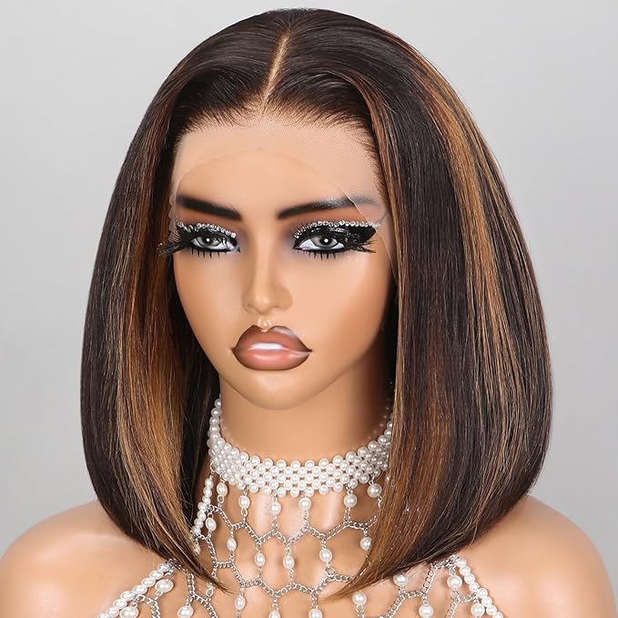 FB30 Ombre Bob Wig Human Hair Real 210% Density Ready to Go Glueless Wig 12a Straight Highlight Bob Wigs Human Hair Pre Cut Lace Pre Bleached Tiny Knots (10inch, 13x4 FB30 Bob)