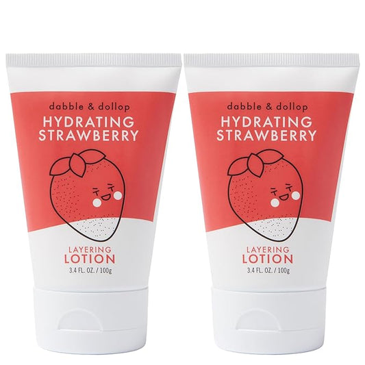 Dabble & Dollop Strawberry Lotion, Layering Lotion, Hydrating Scented Lotions for Kids, All-Natural, Dermatologist Tested, Vegan & Cruelty-Free (3.4oz, Pack of 2)