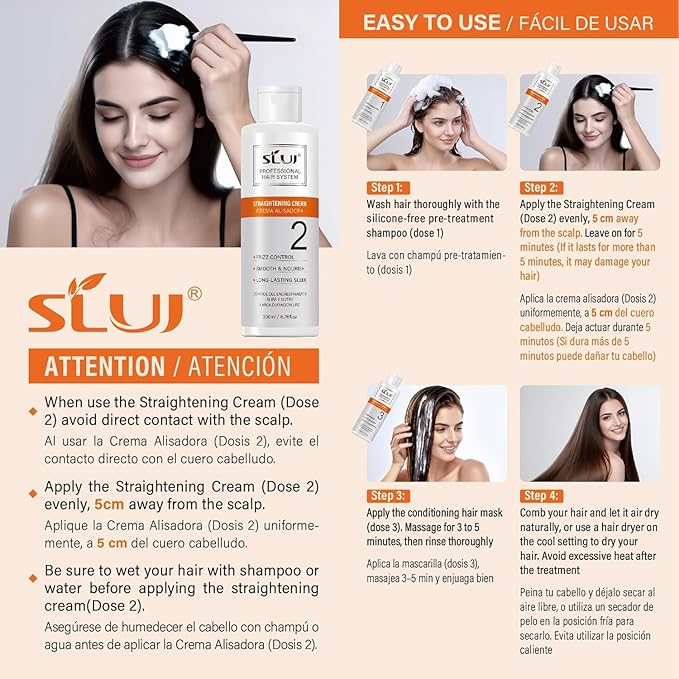 SLUJ Keratin Hair Treatment, Brazilian Straightening Kit with Keratin, Collagen & Hyaluronic Acid,18 Week Home Salon Professional Straightening - Keratina para Alisar el Pelo, Gentle Scent, 2 x Use