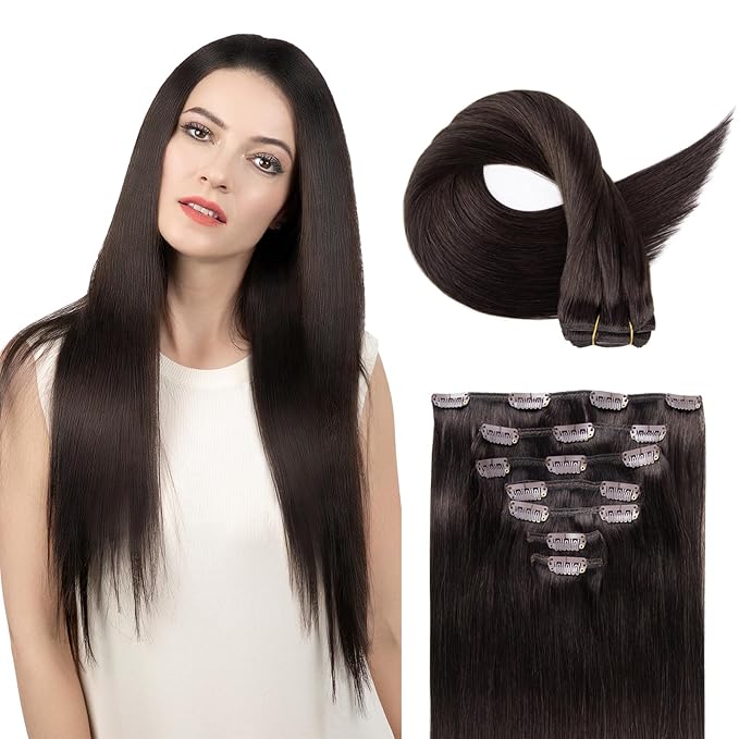Clip in Hair Extensions Real Human Hair, Remy Human Hair Clip in Extensions for Long Hair, Dark Brown Straight Hair Extensions Add Volum add Length #2 24Inch 120G 7PCS