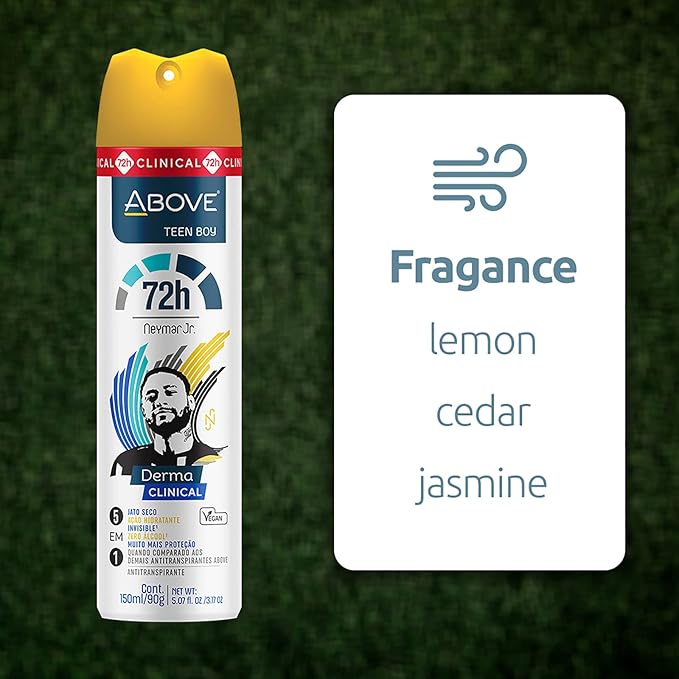 ABOVE Neymar Jr Teen Boy - 72H Antiperspirant Spray Deodorant for Men 5.07 Fl Oz | Aluminum-Free | Fresh Mist, No Stain & Alcohol, Long-Lasting Men's Deodorant Spray | Lemon, Cedar, Jasmine