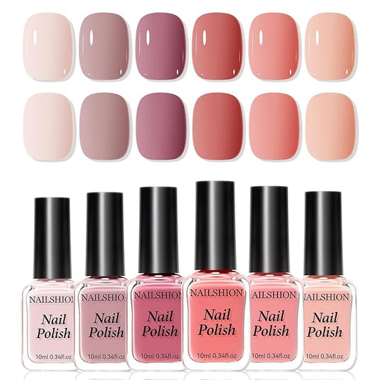 6 Colors Nail Polish Set, Neutral Nude Beige Dusty Pink Fingernail Polishes All Seasons, Opaque, Rapid Dry Natural Nail Art Manicure Salon DIY at Home for Women