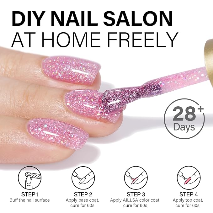 AILLSA Pink Glitter Gel Nail Polish Sheer Pink Rainbow Iridescent Polish Spring Holographic Jelly Nail Polish Gels Sparkle Shiny Soak Off U V Gel Nail Manicure Salon 0.51 Fl Oz/GF10