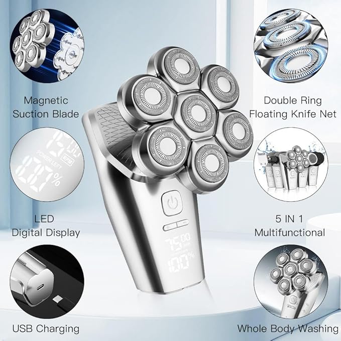 Head Shavers for Bald Men 5 in 1 Electric Shaver Detachable 7D Rotary Shavers, Nose Ear Face Hair Trimmer with Clippers IPX8 Waterproof Cordless High Speed Motor Rechargeable Head Shaving Machine