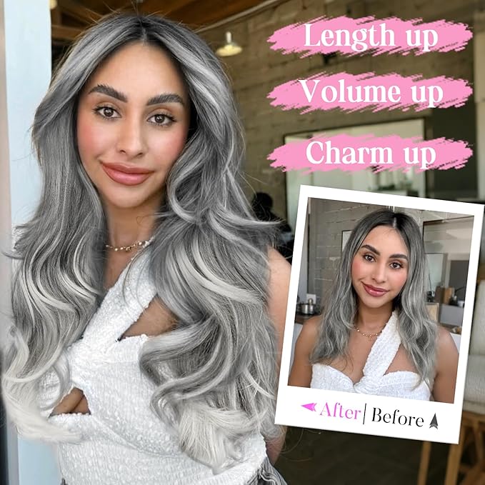 Invisible Wire Hair Extensions with Transparent Wire Adjustable Size 4 Secure Clips Long Wavy Secret Hairpiece 20 Inch for Women(OMber Grey)