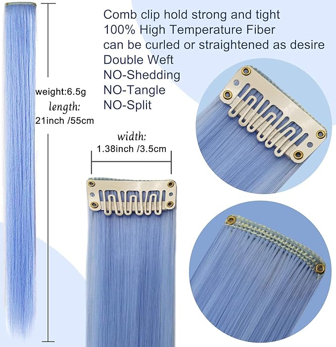 Rhyme Multi-colored Hair Extensions for Kids 21" Colored Clip in Hair Extensions Girls Hair Clips Party Highlights Hair Accessories 12 PCS (Light blue,Light purple)
