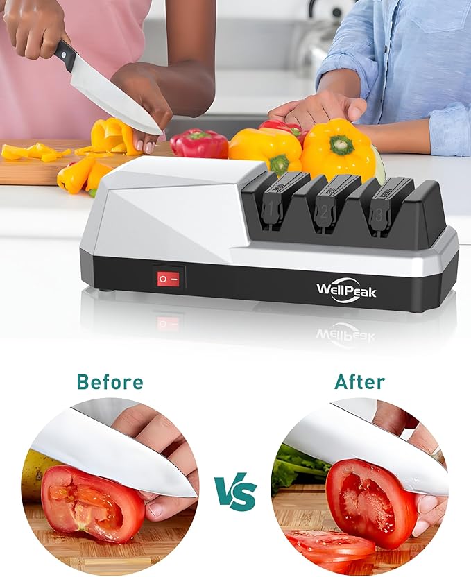 3-Stage Electric Knife Sharpener for 18/20-Degree Knifes, Diamond Abrasive Sharpening for Straight Edge Chef Knives, Ceramic Hone for Chef Knives, Serrated Knives Polishing (SILVER, 3-Stage)