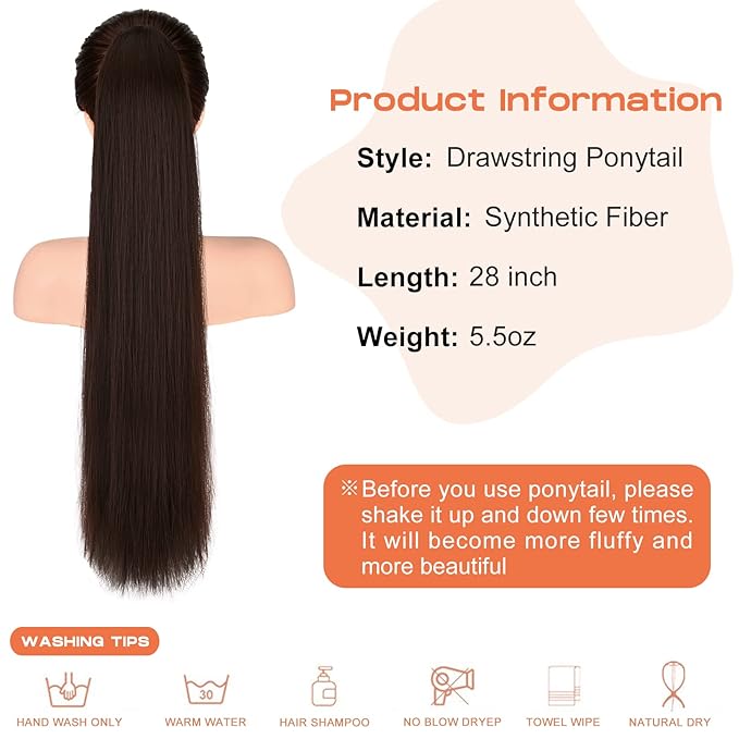 SEIKEA 28" Ponytail Extensions Drawstring Long Straight Fake Pony Tail Natural Soft Clip in Hair Extension Synthetic Heat Resistant Hairpiece - Dark Brown