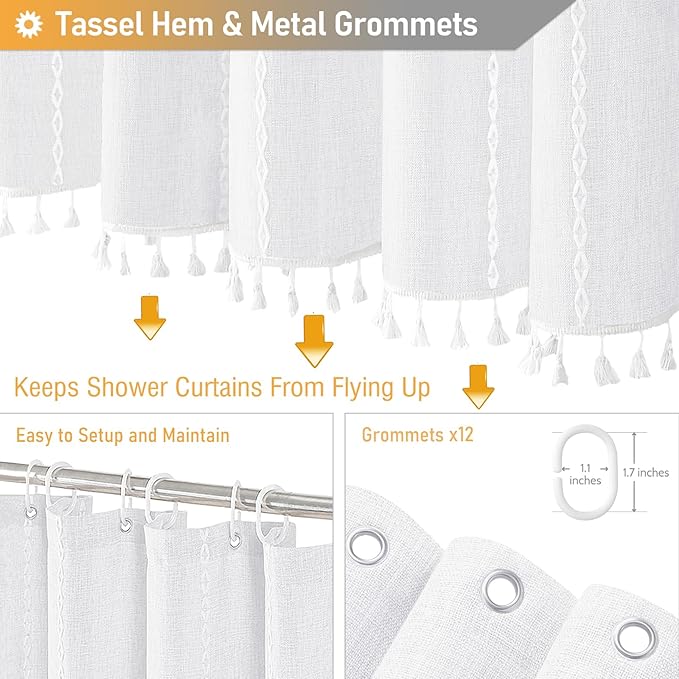 BTTN Extra Long Shower Curtain, 72x96 Inch Long Boho Chic Linen Fabric Weighted Shower Curtain Set with Plastic Hooks, Tall Modern Farmhouse Aesthetic Tassel Cloth Shower Curtain for Bathroom - White
