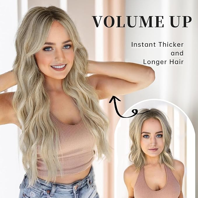 KooKaStyle Invisible Wire Hair Extensions with Transparent Headband Adjustable Size 4 Secure Clips Long Wavy Secret Wire Hairpiece 24 Inch for Women (9H60A#Ash Brown mix Platinum Blonde)