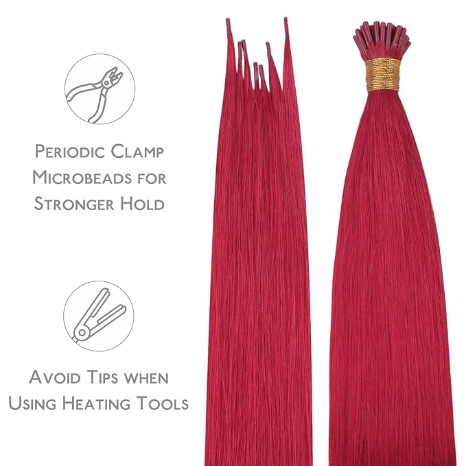 WENNALIFE I Tip Hair Extensions Real Human Hair, 100g 100s 20 Inch Red Remy Itip Human Hair Extensions Invisible Itips Straight I Tips Cold Fusion Extensions