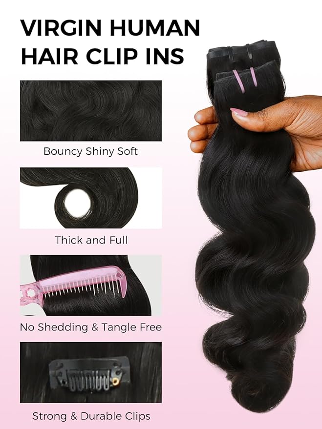 Lashey Invisi Edge & Seamless Clip in Hair Extensions Human Hair, 160g 9pcs(5pcs Invisi Edge & 4pcs Seamless) Hair Extensions Real Human Hair, 16 Inch Natural Black Body Wave Hair for Full Head