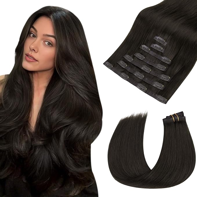 HOTBANANA Seamless Clip in Hair Extensions, 18 Inch 110g 7pcs Dark Brown Invisible PU Skin Weft Straight Remy Human Hair Extensions