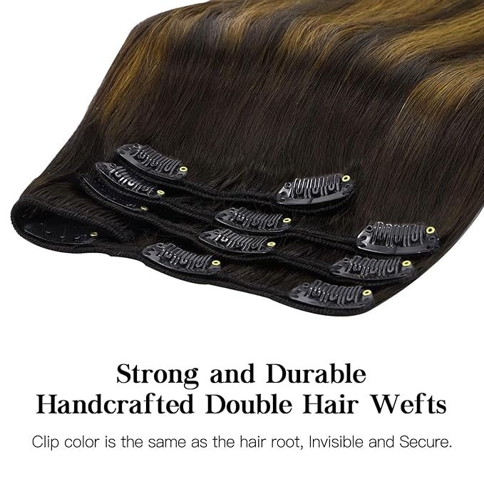 HOTBANANA Human Hair Clip in Hair Extensions, Balayage Dark Brown Mixed Golden Brown 120g Clip in Hair Extensions Real Human Hair Straight Remy Hair Clip Ins 14 Inch 7pcs