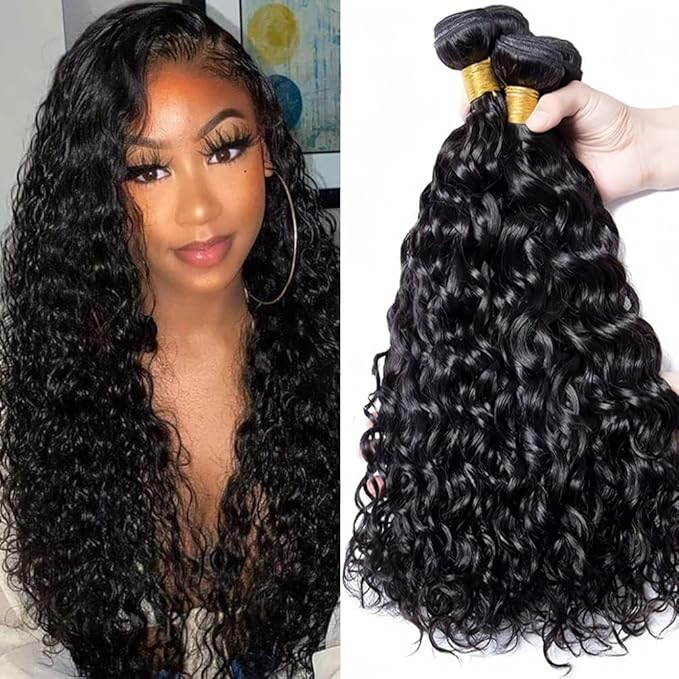 Water wave bundles 100% Unprocessed human hair bundles with Hair Extensions Natur weave color for women 100g/bundle(Natural Black, Water 24 26 28 Inch)