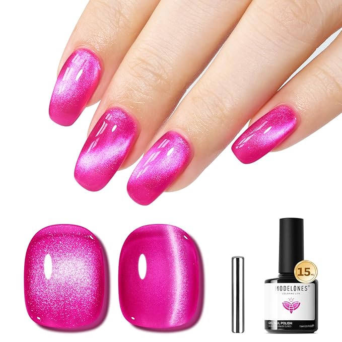 modelones Cat Eye Gel Nail Polish Pink Glitter Holographic Hot Pink Cat Eye Neon Shimmer Reflective Translucent U v Gel Magnetic Nail Polish Top Coat for Women Girl 15ML