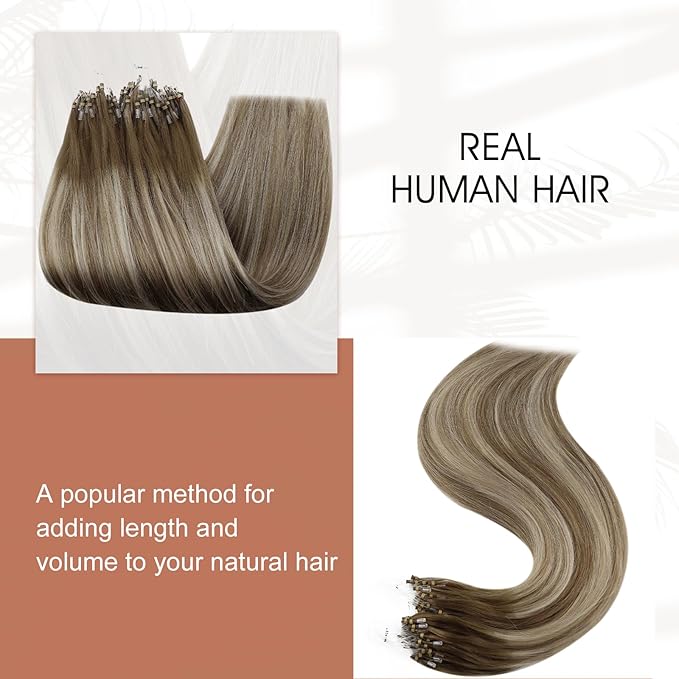Full Shine Micro Bead Hair Extensions Real Human Hair 22 Inch Straight Natural Remy Hair Balayage Brown and Blonde Micro Link Hair Extensions Human Hair 50 Grams add Length