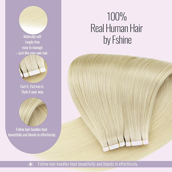Fshine Invisible Tape in Hair Extensions Human Hair, 60 Platinum Blonde Tape in Wefts, Remy Skin Weft Human Extensions, 14 Inch 20 pcs 50 g Short Seamless Natural Look for Women, Ladies and Girls