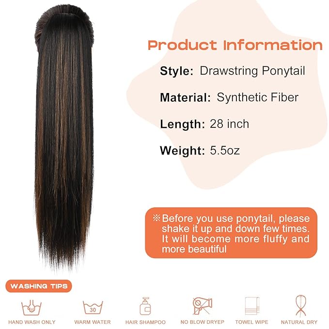 SEIKEA Ponytail Extensions Drawstring Long Straight Fake Pony Tail Natural Soft Clip in Hair Extension Synthetic Heat Resistant Hairpiece 28 Inch Ombre Black Roots Black Caramel Blonde Highlights