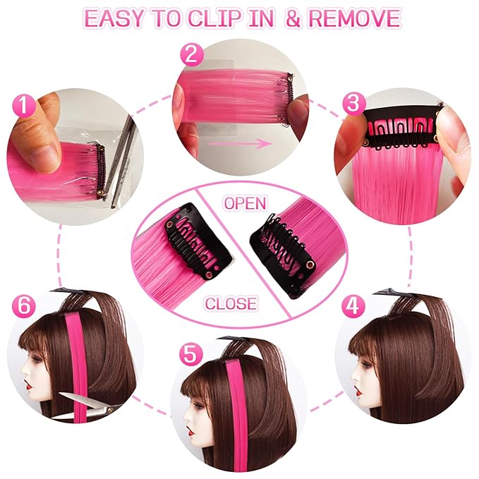 12 PCS Pink Hair Extensions Clip in, 22" Colored Highlights, Synthetic Straight Hair Piece DIY Accessories for Daily Party (PeachRed)