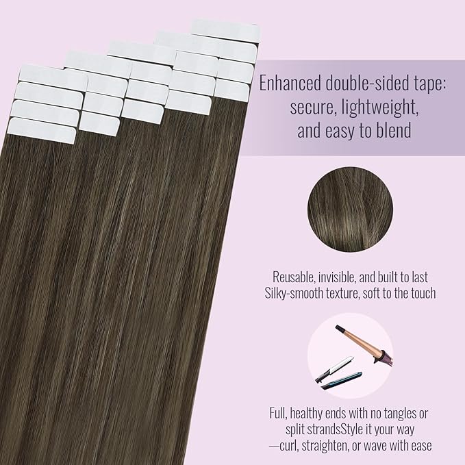 Fshine Tape in Hair Extensions Remy Human Hair, Balayage Dark Brown to Chestnut Brown,12 Inch 30 g 20 pcs, Skin Weft Seamless Invisible, Silky Straight with Thick Ends,for Brides & Bridesmaids